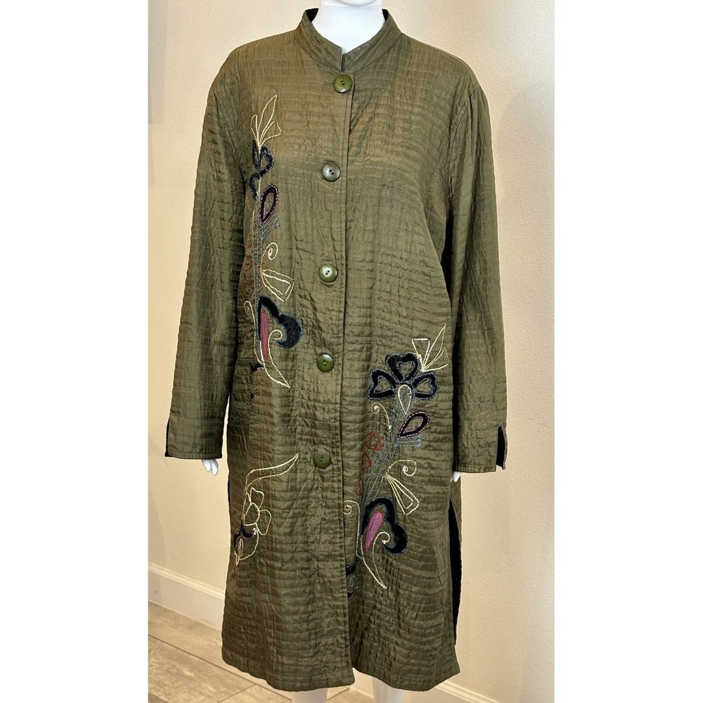 Mirasol Womens‎ Silk Embroidered Quilted Jacket 1X Olive Long Mixed Media Artsy